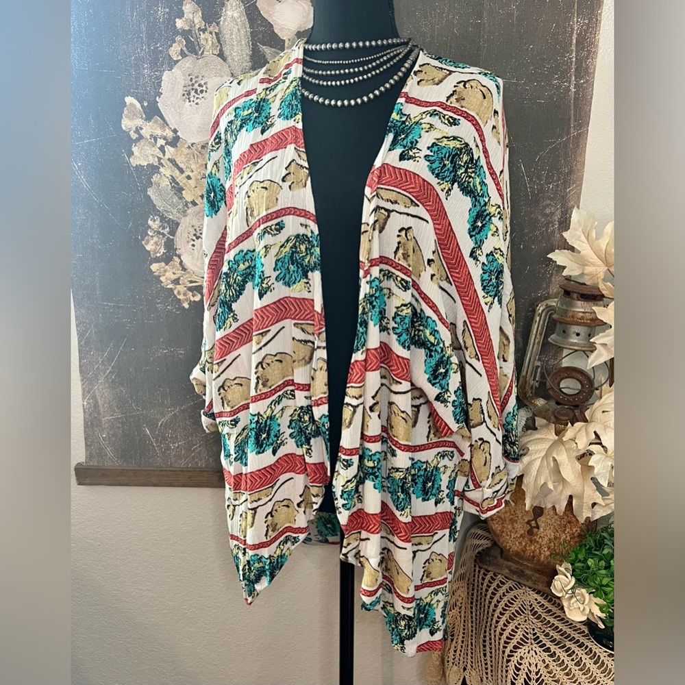 Entro Boutique Turquoise Tan Red Western Boho Open‎ Front Kimono Blouse Sz L